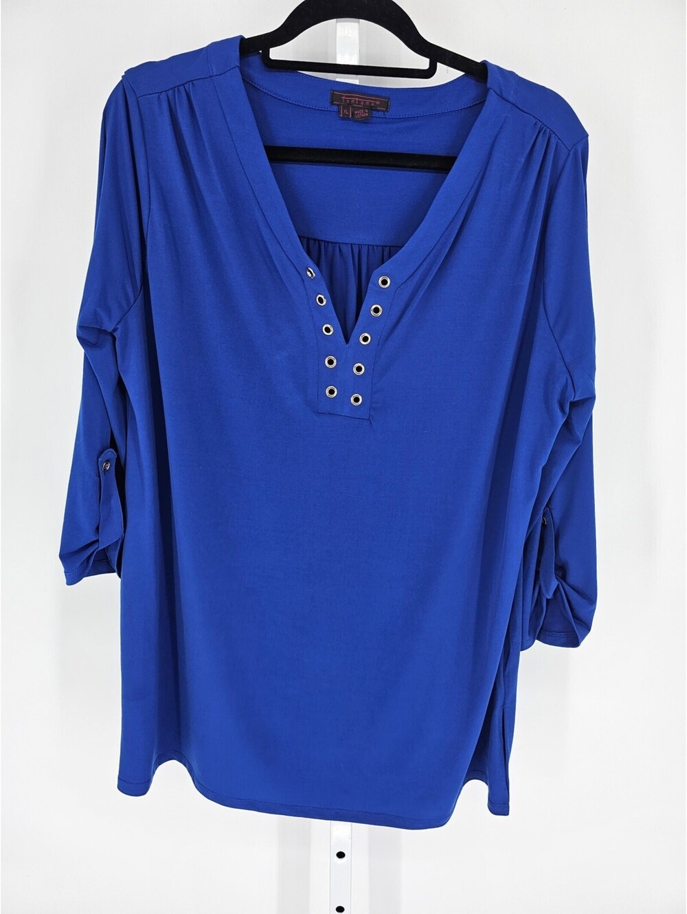 Fontana Womens Sz XL Tab Sleeve Royal Blue Blouse 3/4 Sleeve Tunic Length